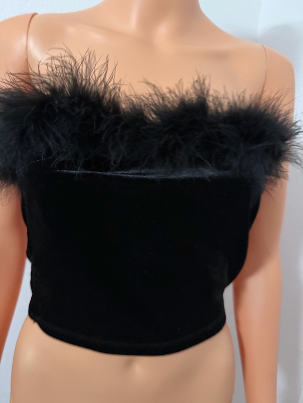 Forever 21 Black Velvet Feather Trim Tube Top Size L